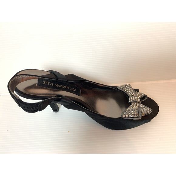 Steve Madden Luxe Black Satin Sling Back Heels Rhinestone Bow Toe US 6.5 - Picture 7 of 15